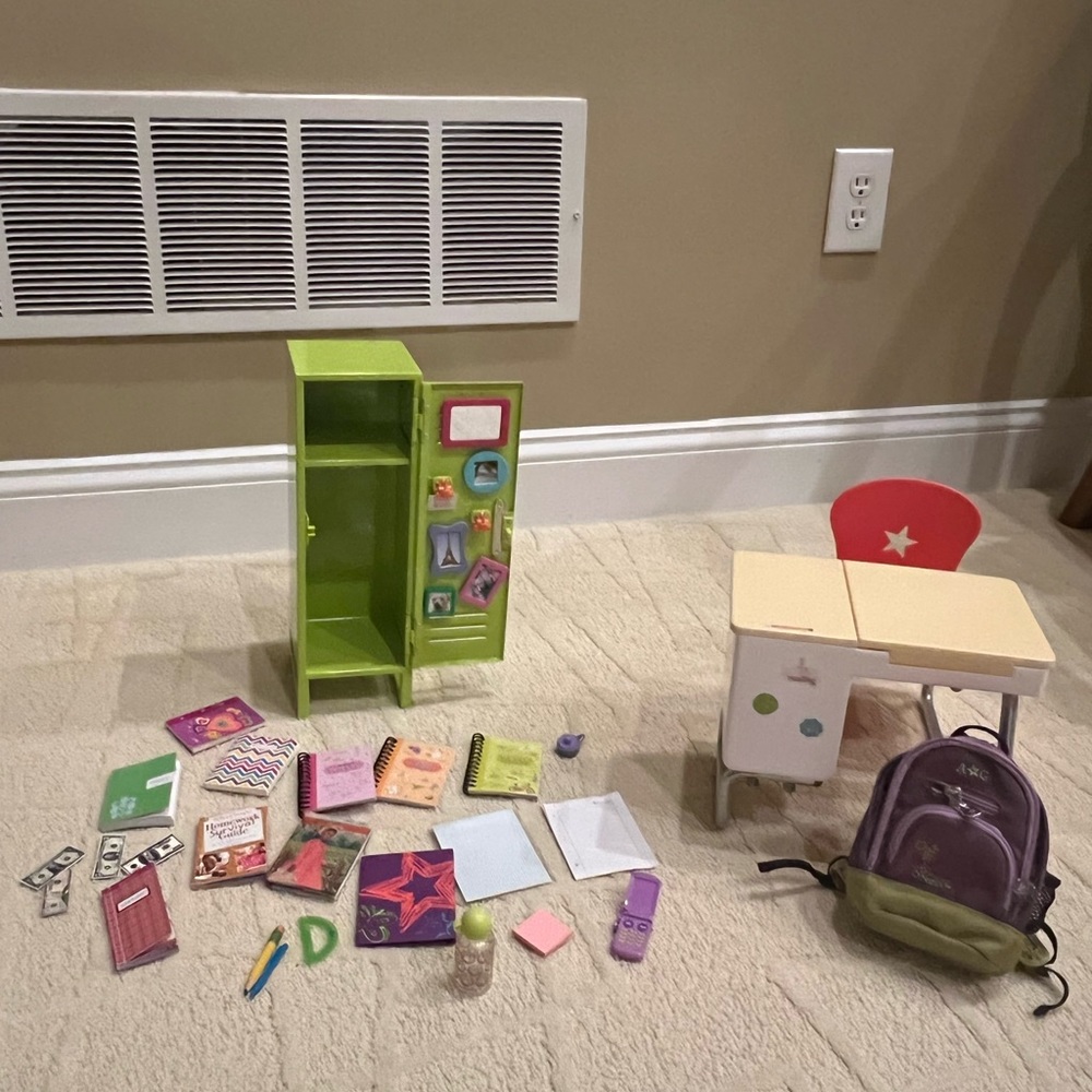 American girl metal locker, desk, and backpack.